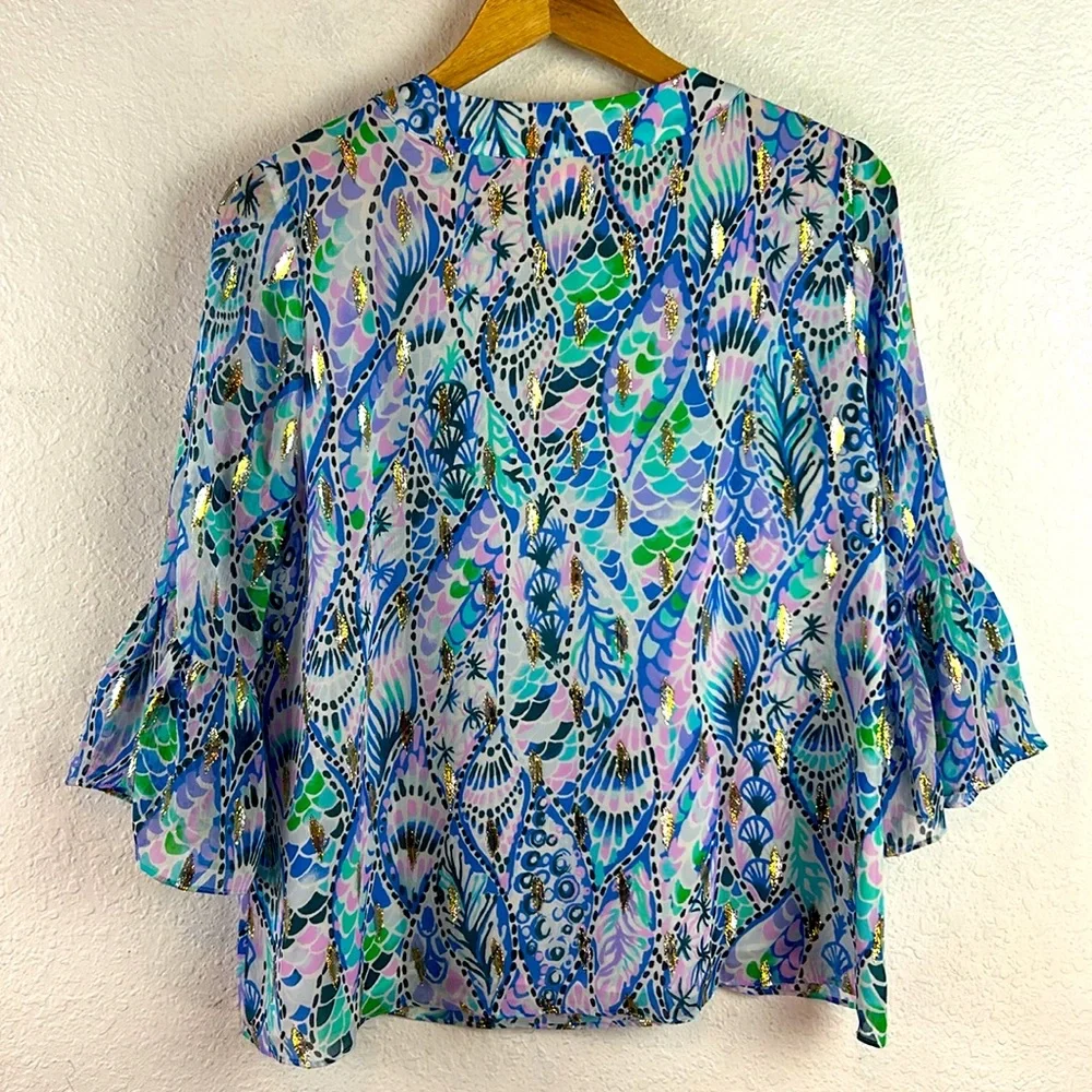 Perfect LILLY PULITZER ELENORA SILK BLOUSE TAILS OF THE SEA METALLICS Small - Picture 9 of 9